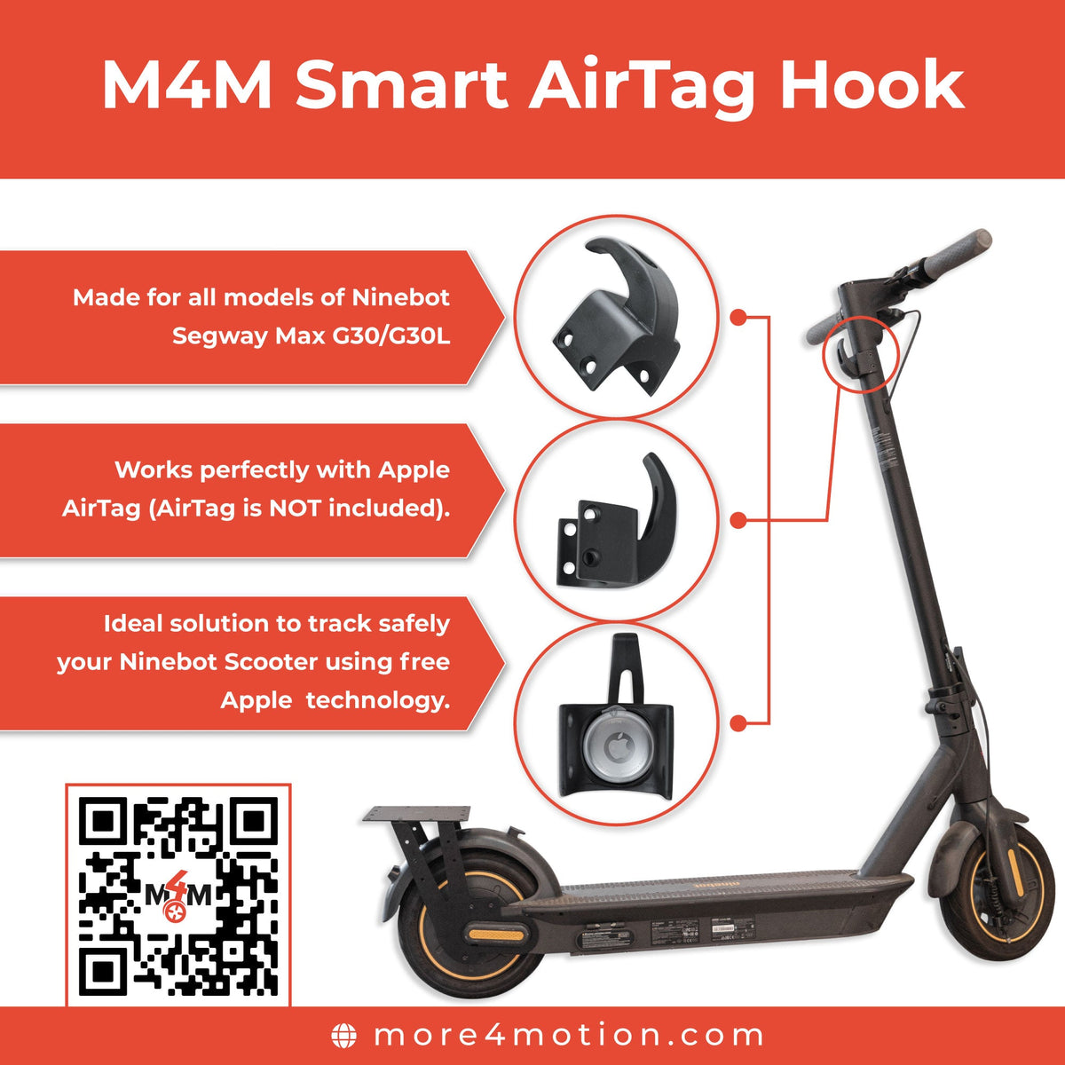 Accessories For Segway - M4M Smart AirTag Hook Ninebot Segway Max G30/G30L.  Works Perfectly With Apple AirTag.