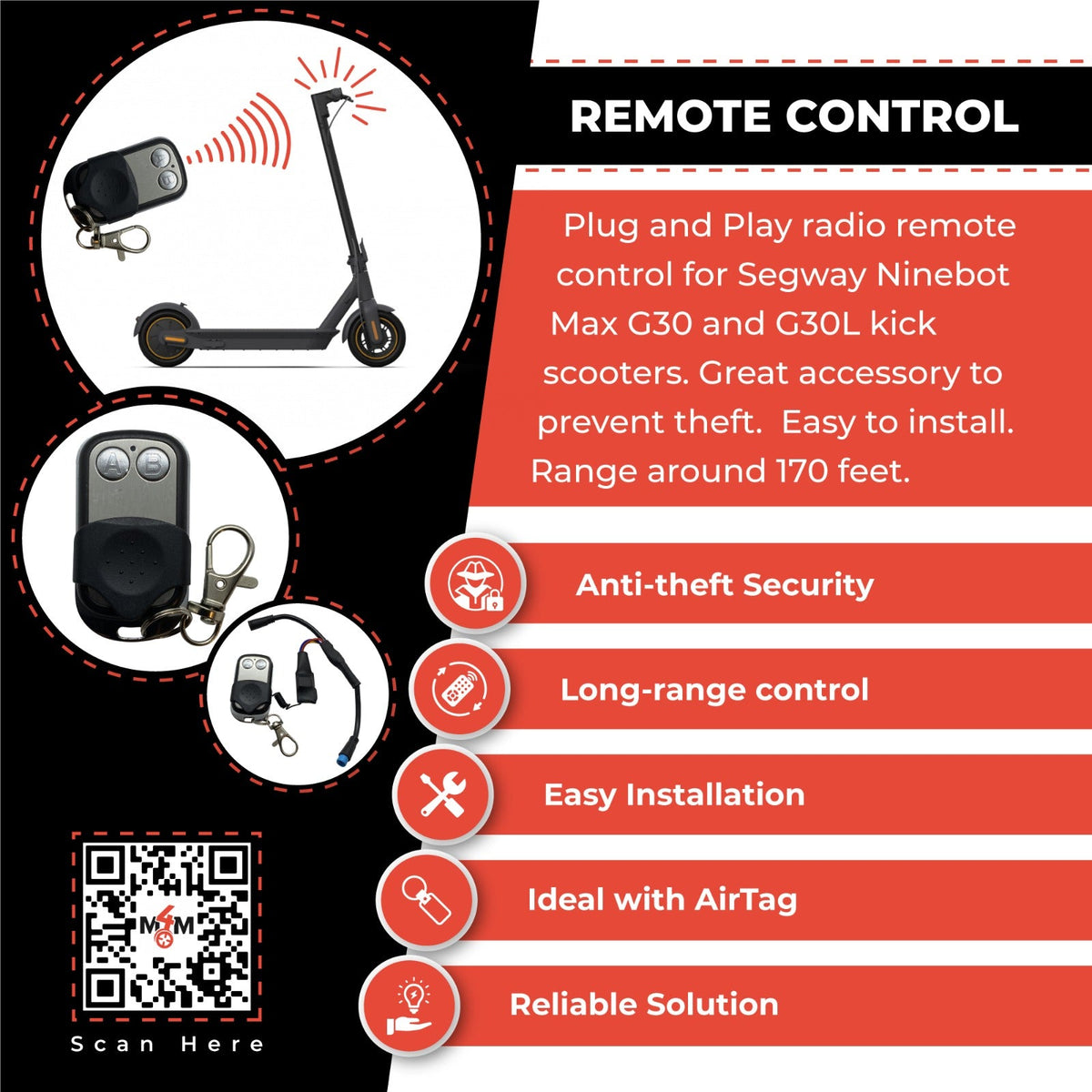 Kick Scooter - Remote Control (ON/OFF) For Segway Max G30, G30P, G30L, F40, F30 And F25 Kick Scooter